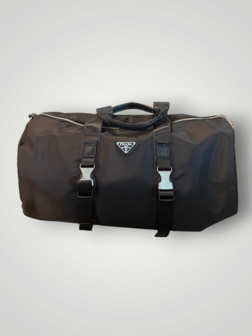 Source Unknown Black Nylon Duffel with Buckle Straps and Triangle Logo